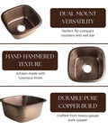 Hand Hammered Copper Kitchen And Bar Sink 15 Inch Atlas Dual Mount Drop In Or Undermount Deep Single Bowl Heavy Gauge Craftsmanship Pro Grade Finish Built To Last with dual-mount capability