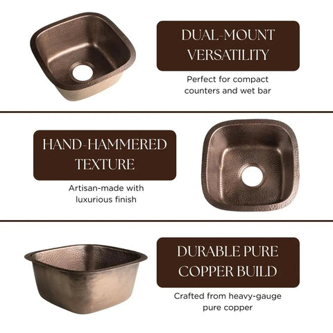 Hand Hammered Copper Kitchen And Bar Sink 15 Inch Atlas Dual Mount Drop In Or Undermount Deep Single Bowl Heavy Gauge Craftsmanship Pro Grade Finish Built To Last with dual-mount capability
