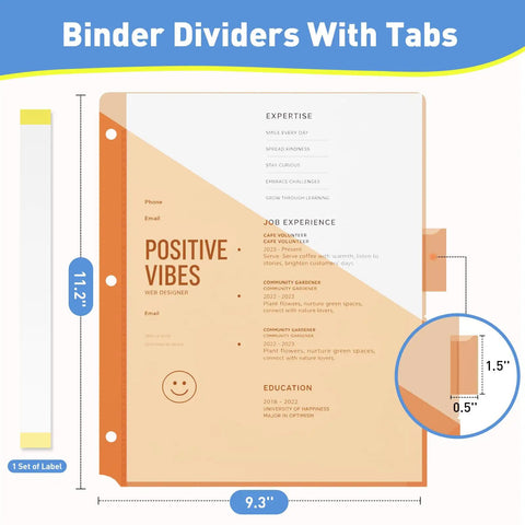 Two Pocket Binder Dividers With Eight Tabs For 3 Ring Binders, Plastic Multicolor Organizer Pages, showing size and label details