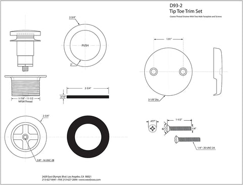 Oil Rubbed Bronze Tip Toe Bathtub Drain Trim Set Featuring Smooth Click Pop Up Action 2 Hole Overflow Faceplate dimensions and design.