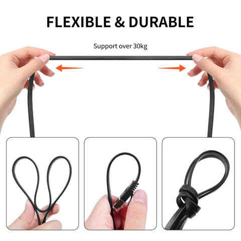 Hands demonstrating the flexibility and durability of the Retractable Cat6 Flat Ethernet Cable 6.6 Ft for no tangle high speed 10Gbps.