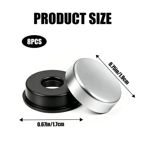 Tough As Nails Eight Pack Silver License Plate Screw Caps Durable Plastic Bolt Covers For Daily Rides Weatherproof Rust Proof fastener sizes shown.