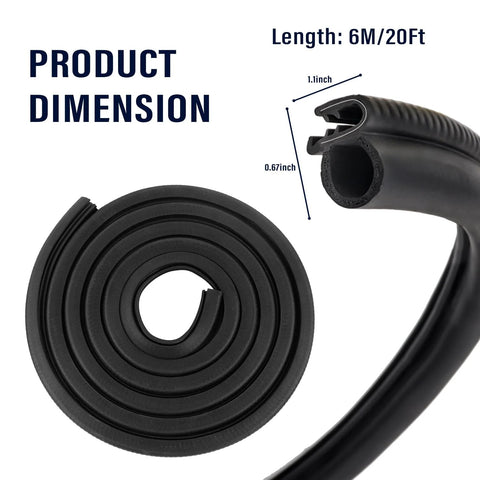 20ft black U-shaped rubber car door seal with steel insert; rolled coil and cross-section view.