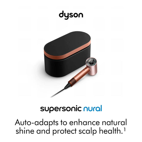 Nural Smart Hair Dryer With No Heat Damage next to its black and copper storage case