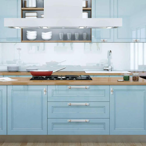 Modern kitchen with blue cabinets featuring crystal glass drawer pulls 10 pack cabinet handles for kitchen and dresser brushed nickel 3 inch hole center 4.57 inch total length 0.6 inch crystal diameter includes screws for different thicknesses.