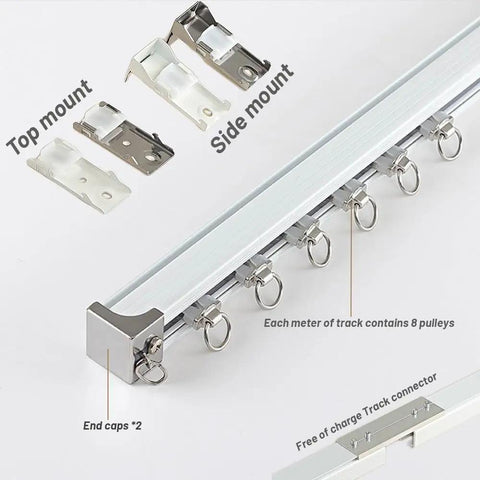 Heavy Duty Sliding Barn Door Track System With Silent Gliding Rollers, featuring top and side mount brackets and pulleys.