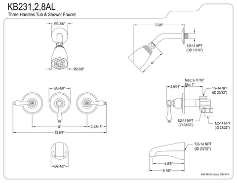 Technical drawing of Tub And Shower Faucet With 3 Lever Handles In Satin Nickel Finish 5 Inch Spout Reach Brass Construction