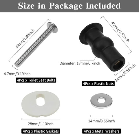 Image showing components of 4 Pack Toilet Seat Bolts Kit With Expanding Rubber Top Nuts For 14 To 16mm Hole Seats, Wobble Free