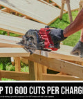 Heavy Duty Brushless Cordless Circular Saw Kit With 7-1/4 In Rear Handle Blade cutting through wood on construction site