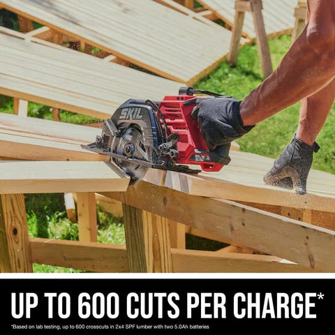 Heavy Duty Brushless Cordless Circular Saw Kit With 7-1/4 In Rear Handle Blade cutting through wood on construction site