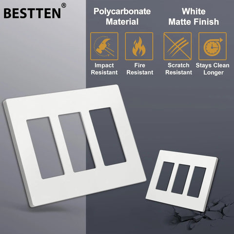 Five Pack Matte White 3-Gang Screwless Wall Plate Cover for Light Switches Dimmers USB GFCI Receptacles Decor Outlet Cover with Easy Pry Slot Removal H4.69 x W6.54 Inches Modern Interior Upgrade displayed with product features