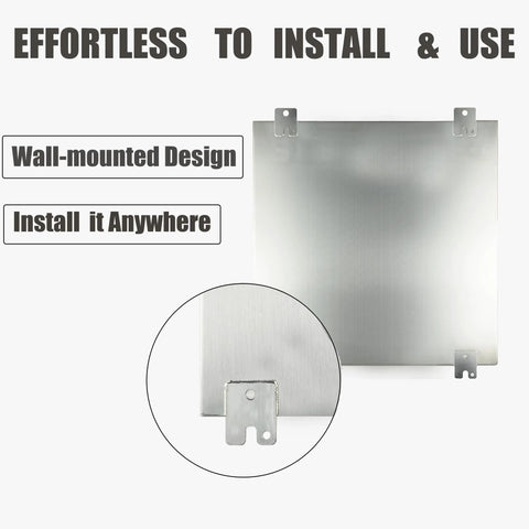 Front view of brushed stainless steel NEMA electrical enclosure with wall-mount lugs.