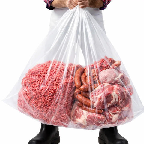 Heavy Duty 50 Pound Meat Lug Liners, 10 Pack, 4 Mil Thick Tub Liners For Meat Totes filled with assorted meats.