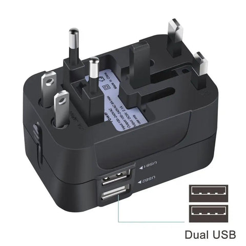 Worldwide Travel Power Adapter With Dual USB Ports All In One Universal Wall Charger for USA EU UK AU Plug, black, top view