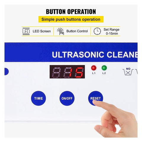 Control panel of Premium Ultrasonic Cleaner And Compact Dishwasher with LED timer and buttons for 0-15min operation settings.