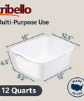 Heavy Duty White 12 Quart Plastic Dishpan Wash Tub For Soaking Feet, Laundry, Hand Washing And Storage, Durable Basin For Kitchen Sink Use, Cleaning Supplies Organizer, Made In USA, dimensions shown