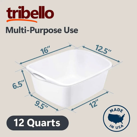 Heavy Duty White 12 Quart Plastic Dishpan Wash Tub For Soaking Feet, Laundry, Hand Washing And Storage, Durable Basin For Kitchen Sink Use, Cleaning Supplies Organizer, Made In USA, dimensions shown