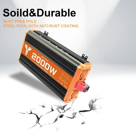 2000 Watt Pure Sine Wave Car Inverter displaying durability text with black and orange casing, dual cooling fans visible