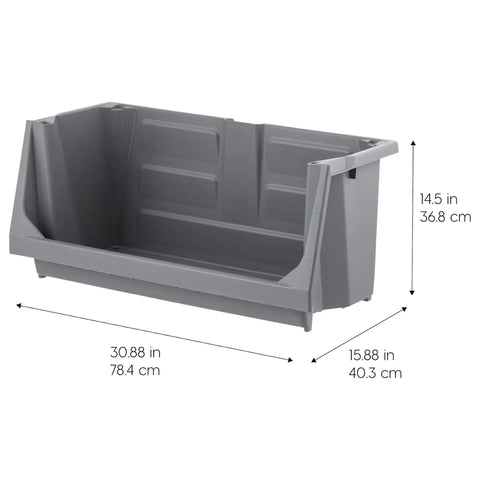 Six Pack Dark Gray Open Front Storage Totes With Oversized Handles Built Like A Tank Heavy Duty Stackable Plastic Bins Mega Capacity for garage gear 30.88x15.88x14.5 in