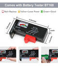 Battery Storage Case With Built In Tester Waterproof Battery Organizer Holds 199 Plus Batteries Including AA AAA C D 9V And Button Cells Garage Organization Solution For Home Batteries Not Included battery tester BT168 with red, yellow, green power indicators and dimensions displayed.