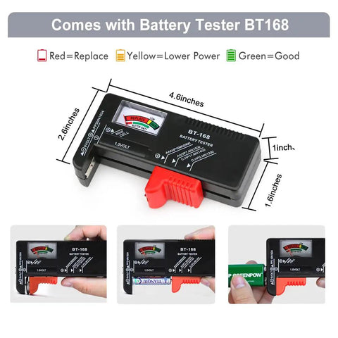 Battery Storage Case With Built In Tester Waterproof Battery Organizer Holds 199 Plus Batteries Including AA AAA C D 9V And Button Cells Garage Organization Solution For Home Batteries Not Included battery tester BT168 with red, yellow, green power indicators and dimensions displayed.