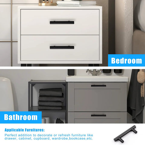 6 Pack Black T Bar Drawer Pulls, 4 Inch Overall Length, installed on white dresser in bedroom and gray cabinet in bathroom setting