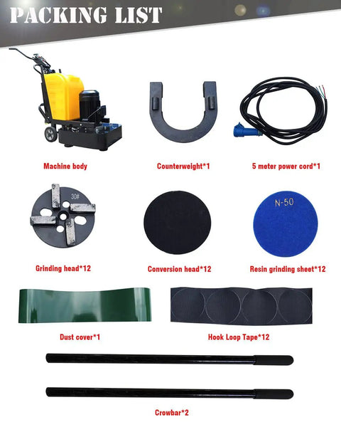 Packing list with parts for 7.5KW 220V Wet And Dry Concrete Floor Grinder With 24.8 Inch Wide Grinding Head 1440 RPM Polishing Machine.