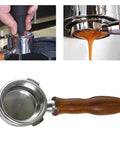 58 Millimeter Bottomless Stainless Steel Filter Holder With Wooden Handle For Home Espresso Machines, Detachable Design, Rust Resistant, Easy To Install, Durable Portafilter Accessory For Rich, Balanced Espresso, showing espresso flow