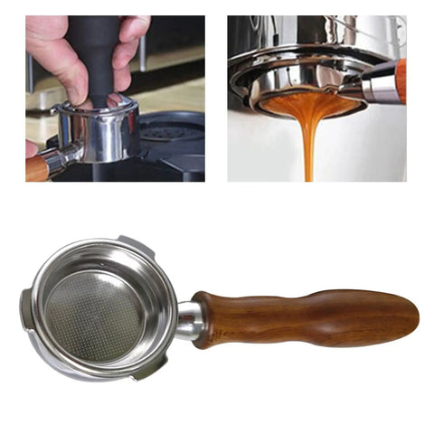 58 Millimeter Bottomless Stainless Steel Filter Holder With Wooden Handle For Home Espresso Machines, Detachable Design, Rust Resistant, Easy To Install, Durable Portafilter Accessory For Rich, Balanced Espresso, showing espresso flow