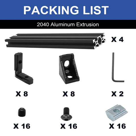 Four Pack 2040 Aluminum Extrusion V Slot 1500mm Black Aluminum Profile 20x40 V Slotted Framing European Standard Anodized Linear Rail For 3D Printers And CNC Accessories packing list with brackets and hardware