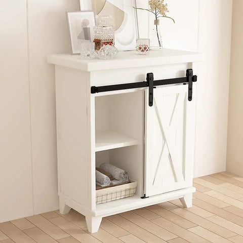 Ultra Compact 2ft Sliding Barn Door Hardware Kit on white cabinet, black powder coated carbon steel