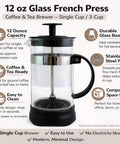 12 Ounce Glass French Press Coffee And Tea Brewer For Single Cup Brews Easy To Use With Durable Heat Resistant Glass And Plastic Exterior Reusable Mesh Filter And Smooth Pour Spout Compact 7 Inch Tall