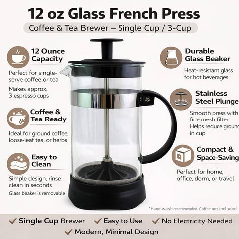 12 Ounce Glass French Press Coffee And Tea Brewer For Single Cup Brews Easy To Use With Durable Heat Resistant Glass And Plastic Exterior Reusable Mesh Filter And Smooth Pour Spout Compact 7 Inch Tall