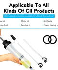 Power Steering Fluid Extractor And Refill Pump Kit, 200cc Manual Suction And Injection Tool with hoses, clear body in use.