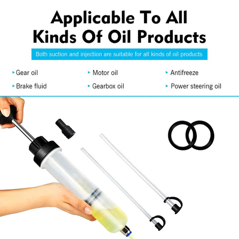 Power Steering Fluid Extractor And Refill Pump Kit, 200cc Manual Suction And Injection Tool with hoses, clear body in use.
