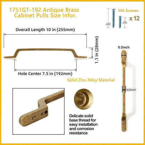 Six Pack Antique Brass Cabinet Pulls Zinc Alloy Dresser Handles 7.56 Inch Center To Center Vintage Drawer Pulls For Cabinets And Dressers Solid Kitchen Cabinet Hardware shown with dimensions and M4 screws.