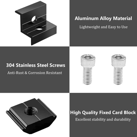Heavy Duty Solar Panel End Clamps 10 Pack Fits 30 To 35 Millimeter Roof Mounts Top Shelf Aluminum Brackets With Legit 304 Stainless Steel Fasteners Black Finish Hits Different, featuring aluminum and stainless steel components.