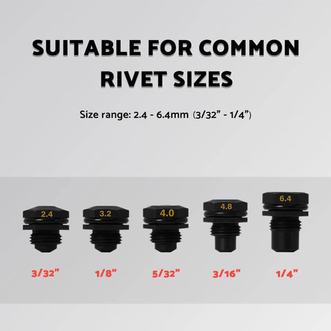 Top Shelf Rivet Gun Retention Nose Pieces 5 Pack With Dead On Sizing for various rivet sizes 2.4 to 6.4mm.