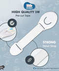 Close-up of 12 Pack Baby Safety Cabinet Locks White Two Step Locking System with strong nylon strap and 3M adhesive.