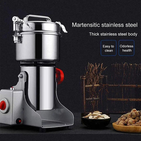800G High Speed Electric Stainless Steel Grain Grinder And Pro Grade Crusher on countertop with herbs and spices