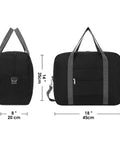 Black Under Seat Personal Item Bag 18x14x8 Inch 30L Foldable Travel Duffel Tote with exterior pocket, size dimensions shown.