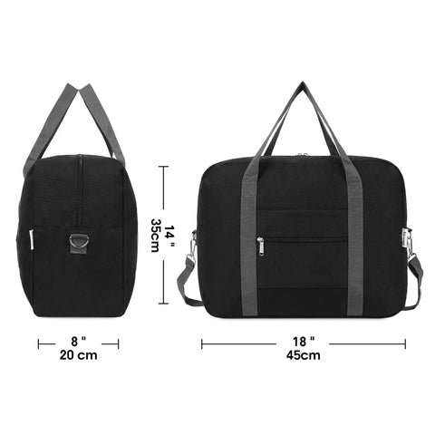 Black Under Seat Personal Item Bag 18x14x8 Inch 30L Foldable Travel Duffel Tote with exterior pocket, size dimensions shown.