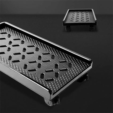Rig Ready Rolling Computer Tower Stand With Top Tier Crossflow Ventilation And Smooth Glide Casters, black platform with ventilation holes.