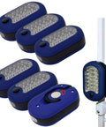 Magnetic LED Work Light Six Pack With 27 LED Lights And Swivel Hook, shown with mounting and lighting options.