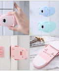 Bear Shaped Cabinet Locks For Kids 3 Pack ABS Safety Latches With Double Button Open And 90 Degree Curve in pink, blue, green.