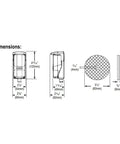 Technical diagram of Enforcer IR Reflective Photoelectric Beam Sensor dimensions with front, side, and top views for installation reference.