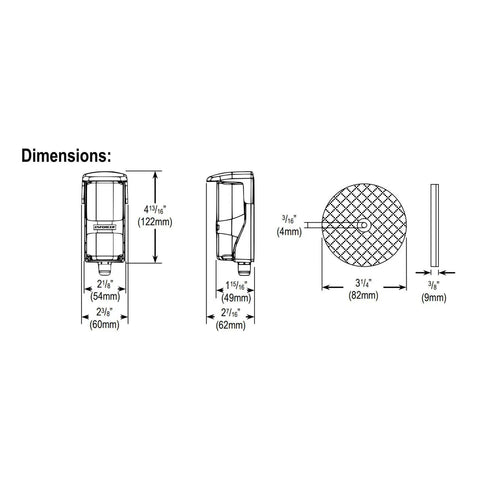 Technical diagram of Enforcer IR Reflective Photoelectric Beam Sensor dimensions with front, side, and top views for installation reference.