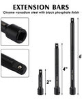 55 Piece 1/4 Inch Drive Impact Socket Set Built With CR-V Steel For Pro Grade Tough Jobs shown with 2, 4, 6 inch extension bars