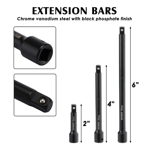 55 Piece 1/4 Inch Drive Impact Socket Set Built With CR-V Steel For Pro Grade Tough Jobs shown with 2, 4, 6 inch extension bars
