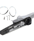 Compact Mini Air Belt Sander With Variable Speed Pneumatic Angled Grip Includes Two Sanding Belts, aluminum tool with belts.
